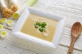 Vichyssoise cream soup with leeks on white wood Royalty Free Stock Photo