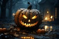 Vicious looking carved pumpkin in spooky ghots town. Celebrating traditional autumn holidays Royalty Free Stock Photo