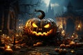 Vicious looking carved pumpkin in spooky ghots town. Celebrating traditional autumn holidays Royalty Free Stock Photo