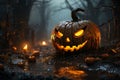 Vicious looking carved pumpkin in spooky ghots town. Celebrating traditional autumn holidays Royalty Free Stock Photo