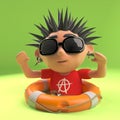 Vicious punk rocker has been saved from drowning with a life ring, 3d illustration