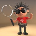 Vicious punk rocker kid holding a magnifying glass, 3d illustration