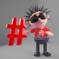 Vicious punk rocker loves social media and holds a hashtag to prove it, 3d illustration