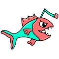 Vicious sharp toothed fish from deep red waters, doodle icon image kawaii