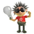 Vicious spiky punk rock character holding a lightbulb, 3d illustration