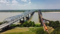 Vicksburg Bridge and Old Vicksburg Bridge with freight train crossing all-steel railroad truss river carrying Interstate 20, U.S. Royalty Free Stock Photo