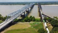 Vicksburg Bridge and Old Vicksburg Bridge with freight train crossing all-steel railroad truss river carrying Interstate 20, U.S. Royalty Free Stock Photo