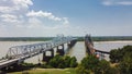 Vicksburg Bridge and Old Vicksburg Bridge with freight train crossing all-steel railroad truss river carrying Interstate 20, U.S. Royalty Free Stock Photo