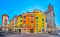 Vicolo due Torri street panorama with Pallata Tower, Brescia, Italy