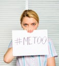 Victim of sexual assault and harassment at workplace. Protection female rights. Me too social movement. Movement against