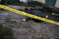 Victim of a violent crime in a backyard of residental house in evening. Dead man body under the yellow police line tape and Royalty Free Stock Photo