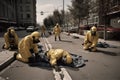 Victims of a gas attack lying unconscious in the streets, as emergency workers in protective gear rush to help them. Generative AI