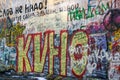 Victor Tsoi Memorial Wall in Moscow on Arbat. Inscriptions in Russian by fans and admirers Royalty Free Stock Photo