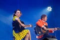 Victoria Bulitko, Yevgeniy Smorigin, actors of Dizel show, play guitars, sing, Vinnytsia City Day, Ukraine, 08.09.2017, editorial