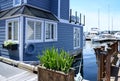 Victoria city Inner Harbor landscape. Village of colorful floating houses. Fisherman Wharf in Victoria, Vancouver Island,