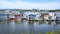 Victoria city Inner Harbor landscape. Village of colorful floating houses. Fisherman Wharf in Victoria, Vancouver Island,