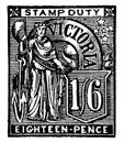 Victoria Eighteen Pence Stamp in 1889, vintage illustration