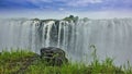 Victoria Falls, Zimbabwe. Powerful streams of the river fall into the abyss. There is a mist of water all around.