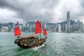Iconic junk boat cruising around Hong Kong skyline