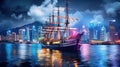 Victoria Harbour Hong Kong night view with junk ship on foreground Royalty Free Stock Photo