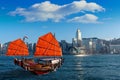 Victoria Harbour with junk ship in Hong Kong Royalty Free Stock Photo