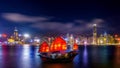 Victoria Harbour with junk ship at night in Hong Kong Royalty Free Stock Photo