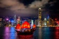 Victoria Harbour with junk ship at night in Hong Kong Royalty Free Stock Photo