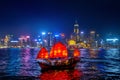 Victoria Harbour with junk ship at night in Hong Kong Royalty Free Stock Photo