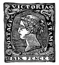 Victoria Six Pence Stamp from 1854 to 1858, vintage illustration