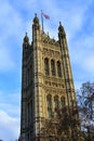 Victoria Tower with the flag of Great Britain. City of Westminster, Houses of Parliament. London, United Kingdom. Royalty Free Stock Photo