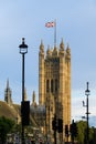 Victoria Tower at the Palace of Westminster with Union Jack flag Royalty Free Stock Photo