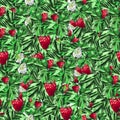 Victoria's basket. Seamless pattern. Watercolor botanical illustration of strawberries isolated on white background