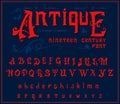 Victorian alphabet in ancient style. Antique old Font for Whiskey label. Vintage typeface in red colors, editable and