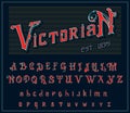 Victorian alphabet in ancient style. Antique old Font for Whiskey label. Vintage typeface in red colors, editable and