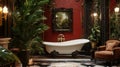 Victorian Bathroom Interior With Bathtub And Tropical Decor Royalty Free Stock Photo