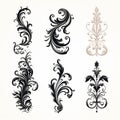 Victorian Black And Beige Ornate Flower And Leaf Elements Vector