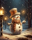 a victorian century inspired snowman in winter, street lanterns around