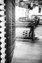 Victorian cotton mill machinery, UK. Old spinning or weaving machines in victorian cotton mill