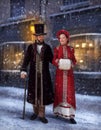 Victorian couple in winter walking together on a city street