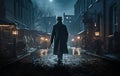 Victorian era private detective walking on street, created with generative AI