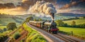 Victorian era steam locomotive chugging through a scenic countryside Generative By AI