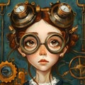 A Victorian female inventor wearing multi-lens glasses