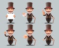 Victorian Gentleman Business Cartoon Characters Icons Different Actions Cute Man Set English 3d Isolated Background Royalty Free Stock Photo