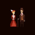 Victorian gentleman with cane and lady in red dress and hat - pixel art vector 8 bit illustration on dark brown Royalty Free Stock Photo