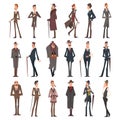 Victorian Gentleman in Elegant Suit with Respectful Manner Standing Big Vector Set