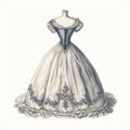 Authentic 19th Century Reproduction: White And Blue Dress With Intricate Illustrations