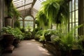 victorian greenhouse with lush ferns and hanging plants