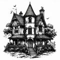Victorian Haunted House Black And White Illustration Royalty Free Stock Photo