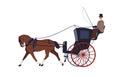 Victorian horse chariot. Vintage 19th century transport. Coachman driving cart. Historic old wagon, medieval vehicle