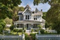 victorian house, with grand porch and white picket fence, surrounded by lush greenery Royalty Free Stock Photo